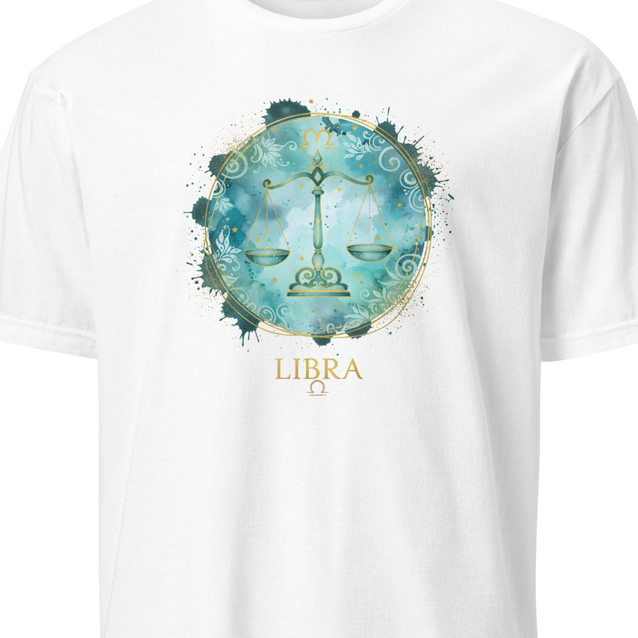 White t-shirt with Libra zodiac sign design on a white background
