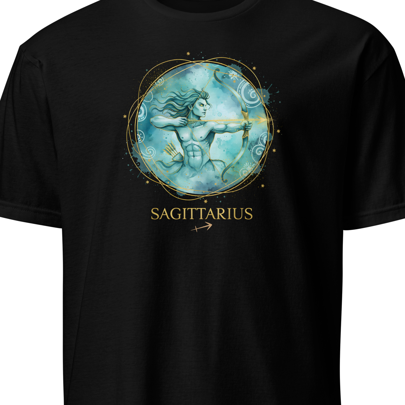 Black t-shirt with Sagittarius zodiac design on a white background