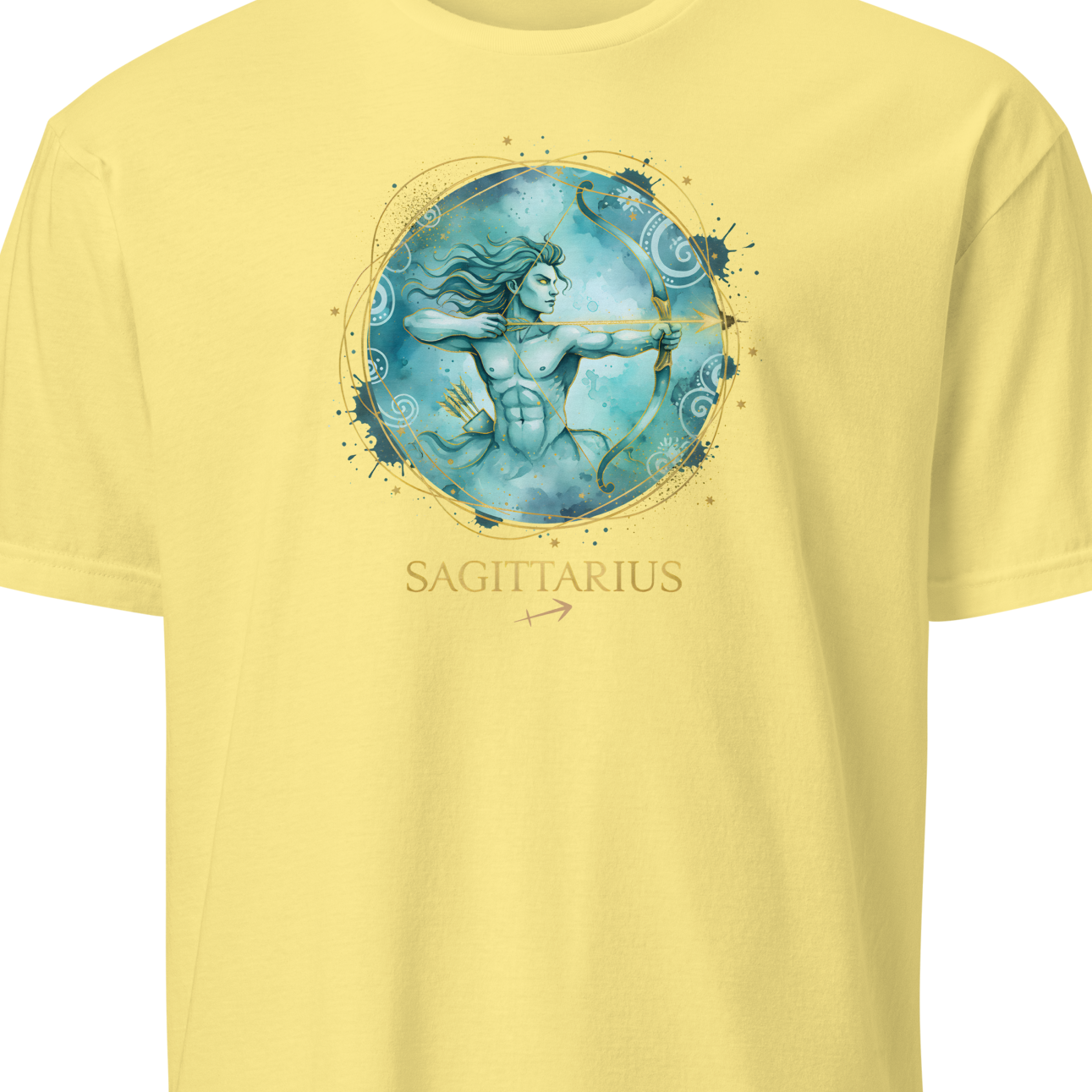 Yellow t-shirt with Sagittarius zodiac design on a white background