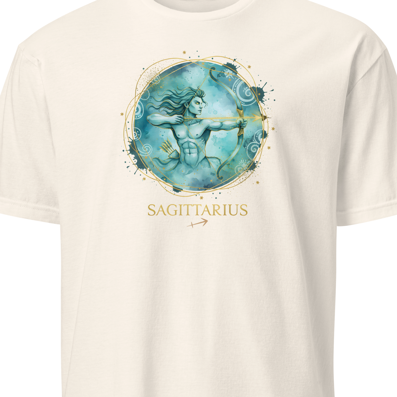 Beige t-shirt with sagittarius graphic on a white background