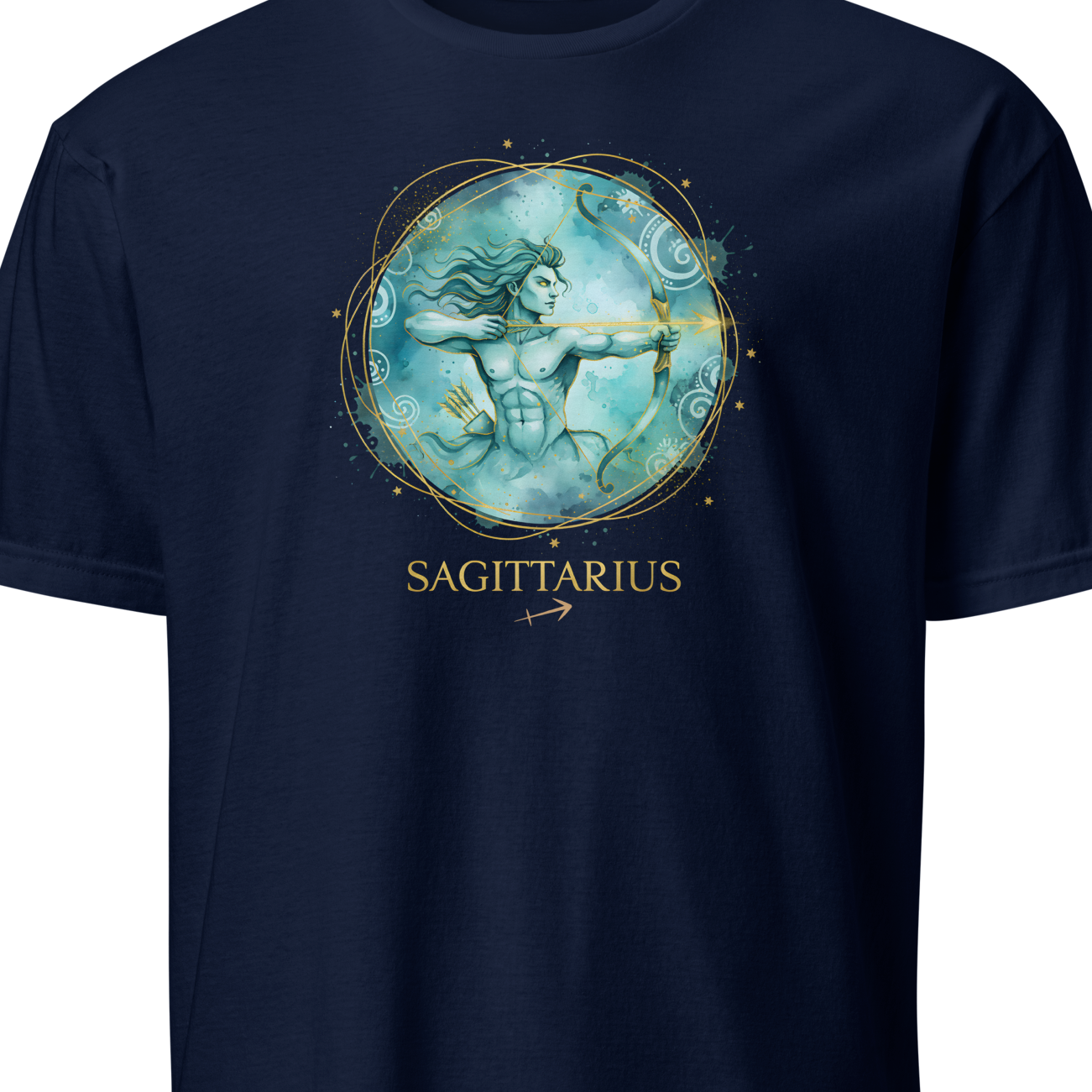 Navy blue t-shirt with Sagittarius zodiac design on a white background