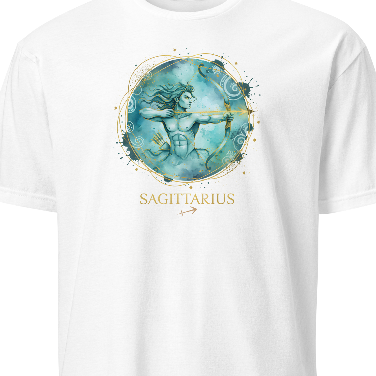 Beige t-shirt with green text and sagittarius graphic on a white background
