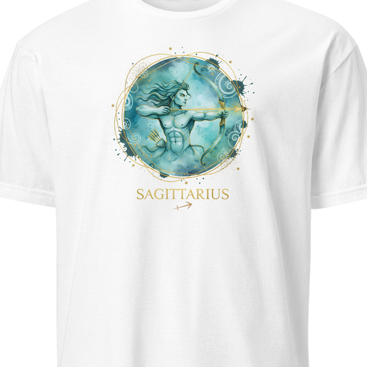 Beige t-shirt with green text and sagittarius graphic on a white background