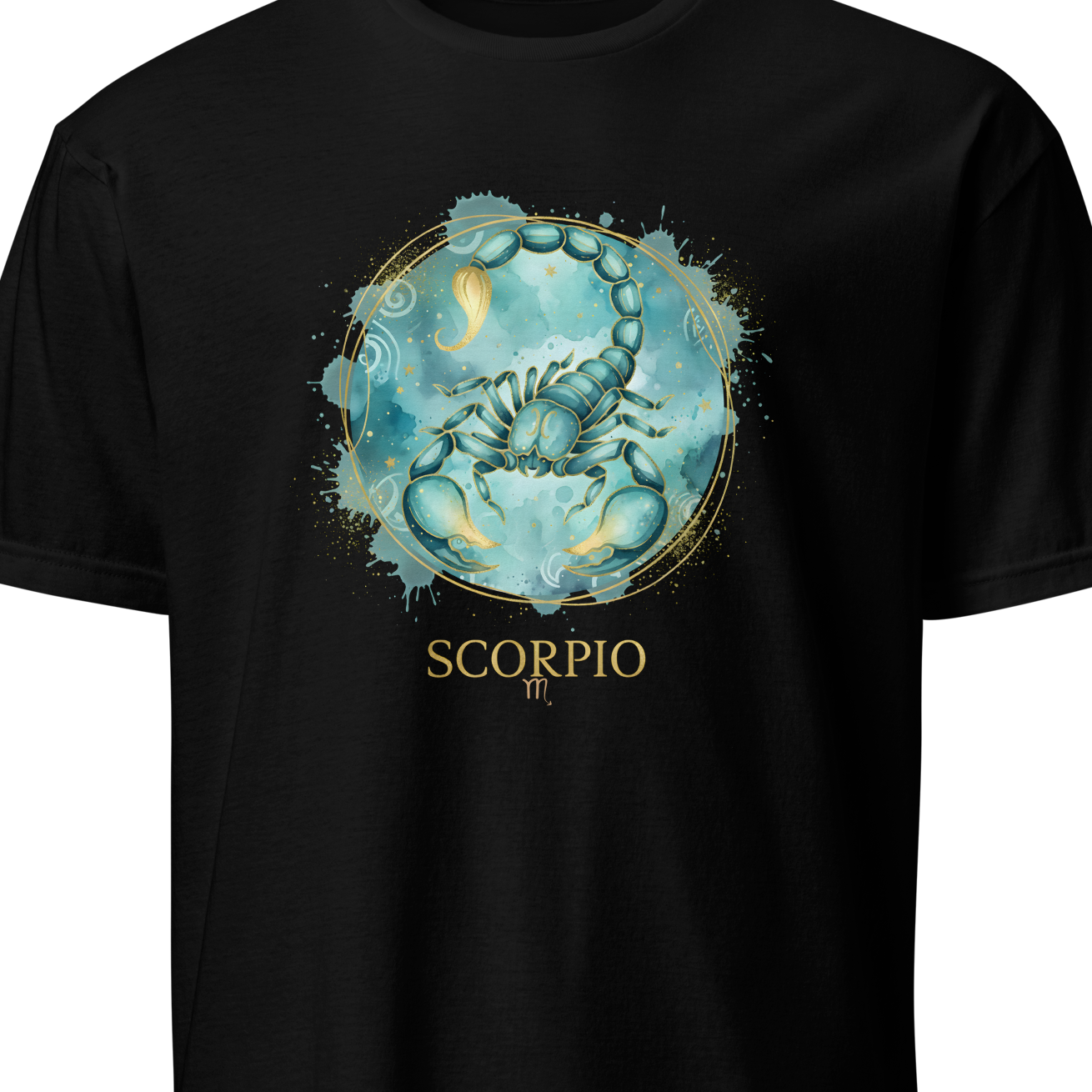Black t-shirt with Scorpio zodiac sign design on a white background