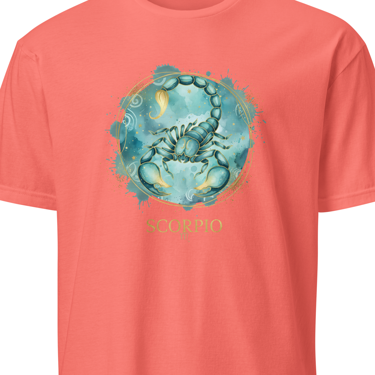 Coral t-shirt with Scorpio zodiac design on a white background