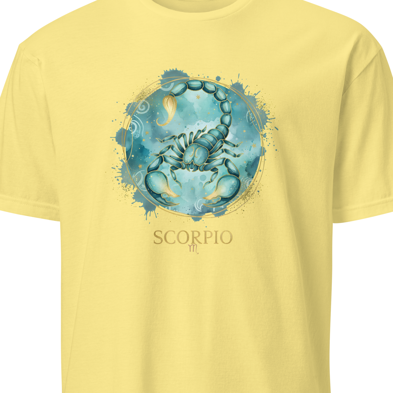 Yellow t-shirt with a blue crab design and 'Cancer' text on a white background