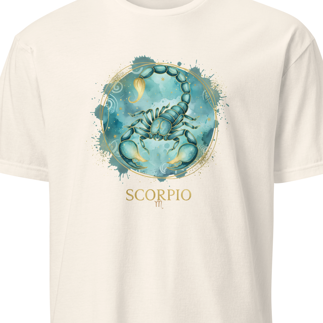 White t-shirt with Scorpio zodiac design on a white background