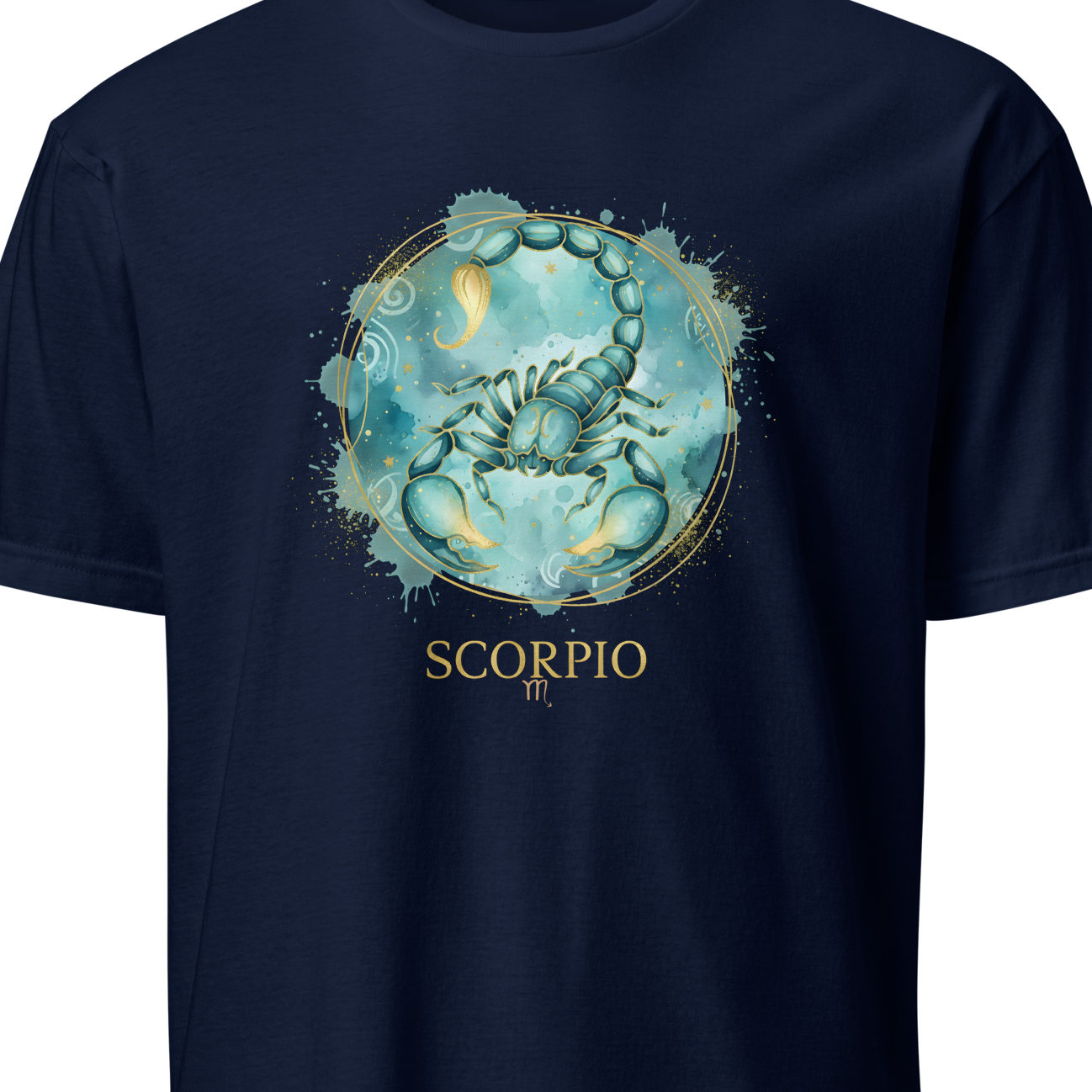 Navy blue t-shirt with Scorpio zodiac design on a white background