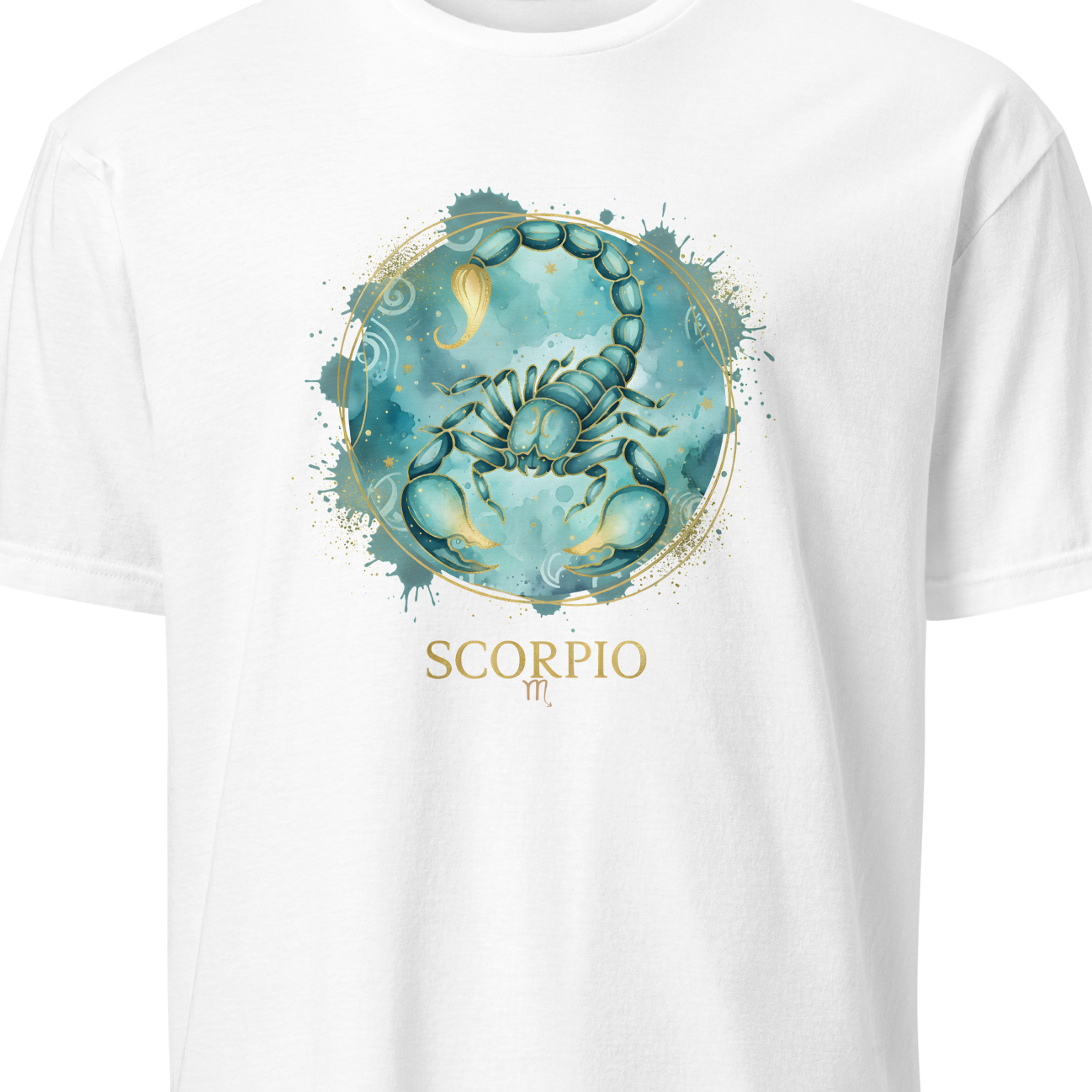 White t-shirt with Scorpio zodiac sign design on a white background