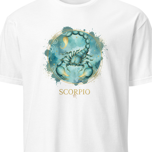 White t-shirt with Scorpio zodiac sign design on a white background