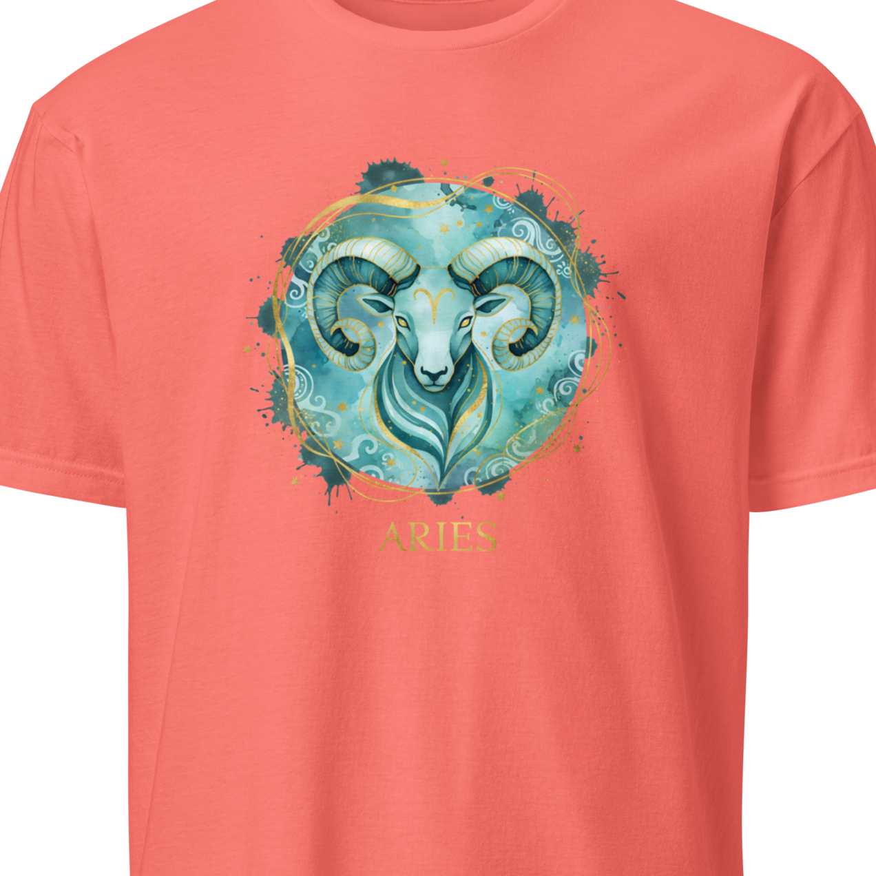 Coral t-shirt with a blue Aries zodiac design 