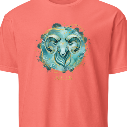 Coral t-shirt with a blue Aries zodiac design 