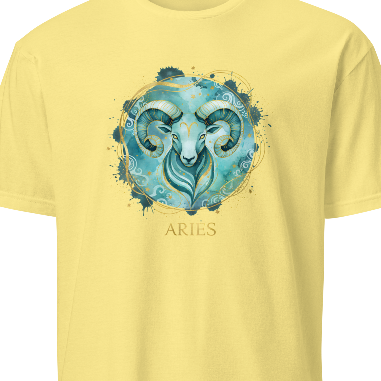Yellow t-shirt with Aries zodiac symbol design 