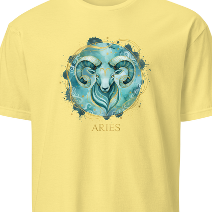 Yellow t-shirt with Aries zodiac symbol design 