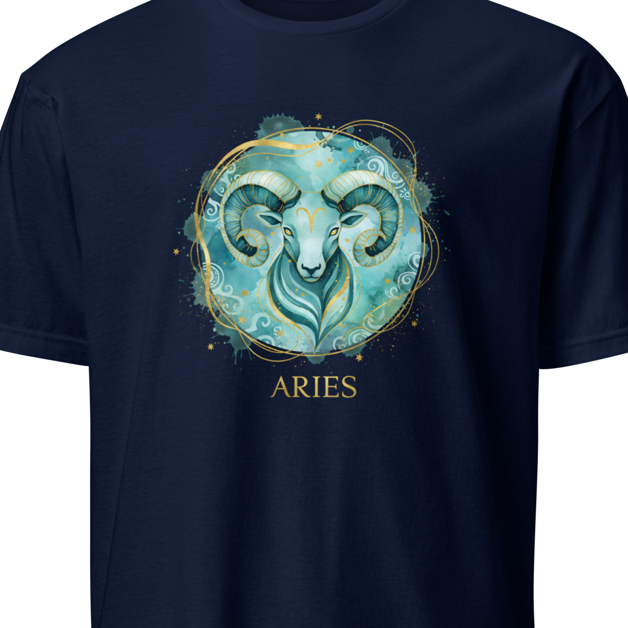 Navy blue t-shirt with Aries zodiac symbol design on a white background