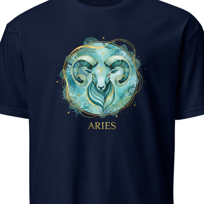Navy blue t-shirt with Aries zodiac symbol design on a white background