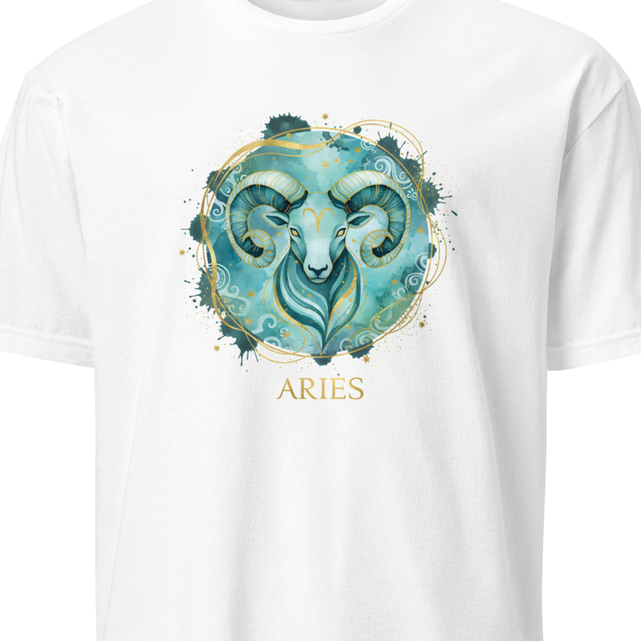 White t-shirt with Aries zodiac sign design on a white background