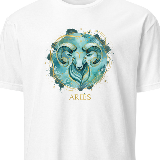 White t-shirt with Aries zodiac sign design on a white background