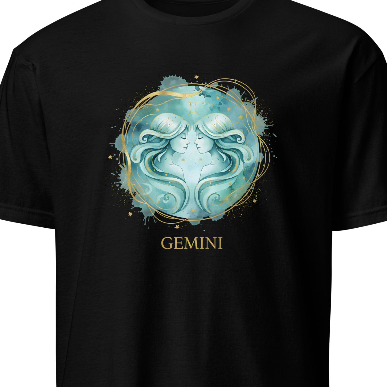 Black t-shirt with a Gemini zodiac design 