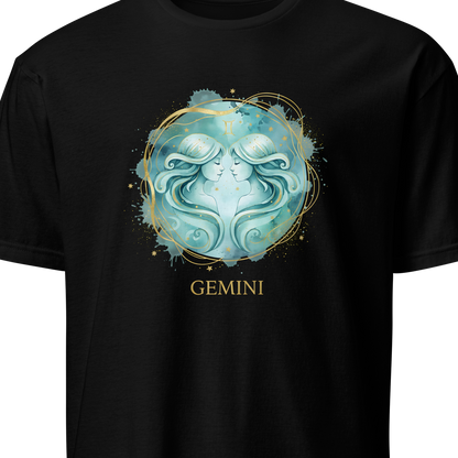 Black t-shirt with a Gemini zodiac design 