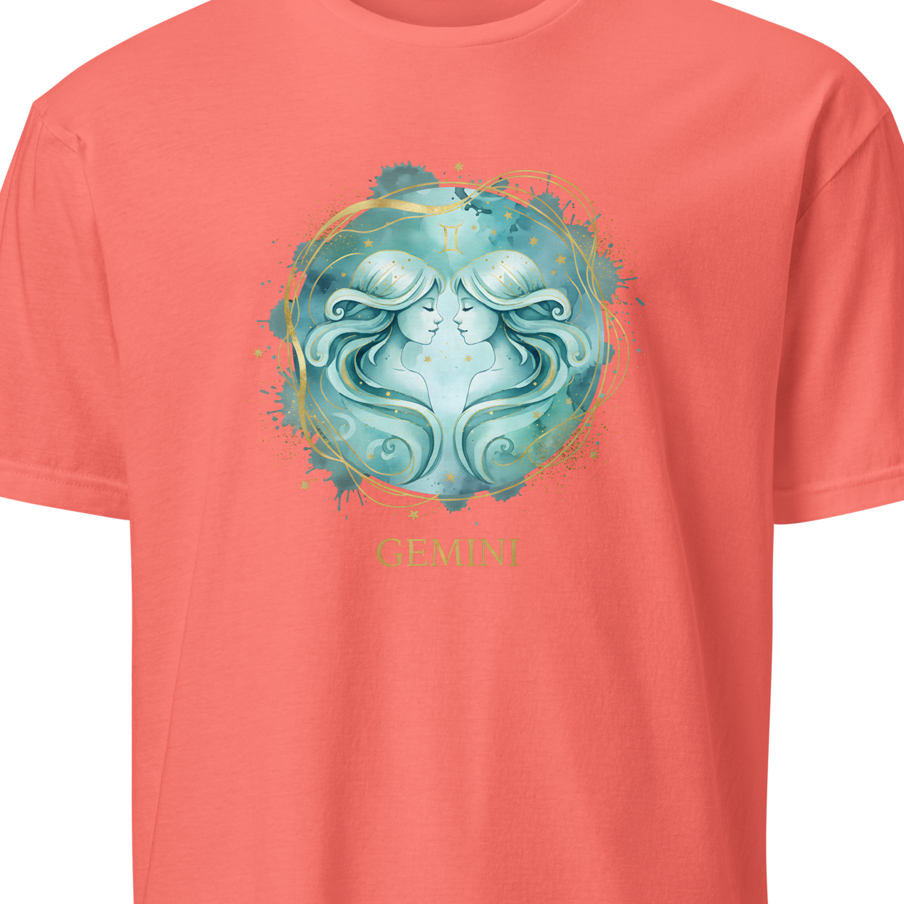 Coral t-shirt with a blue graphic design 