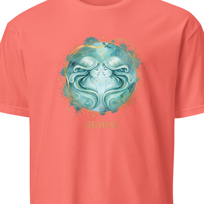 Coral t-shirt with a blue graphic design 
