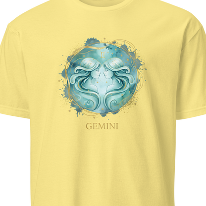 Yellow t-shirt with a blue astrological design labeled 'Gemini' 