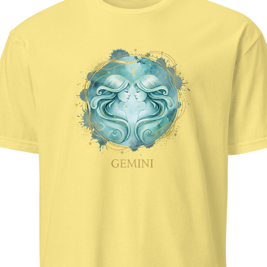 Yellow t-shirt with a blue astrological design labeled 'Gemini' 