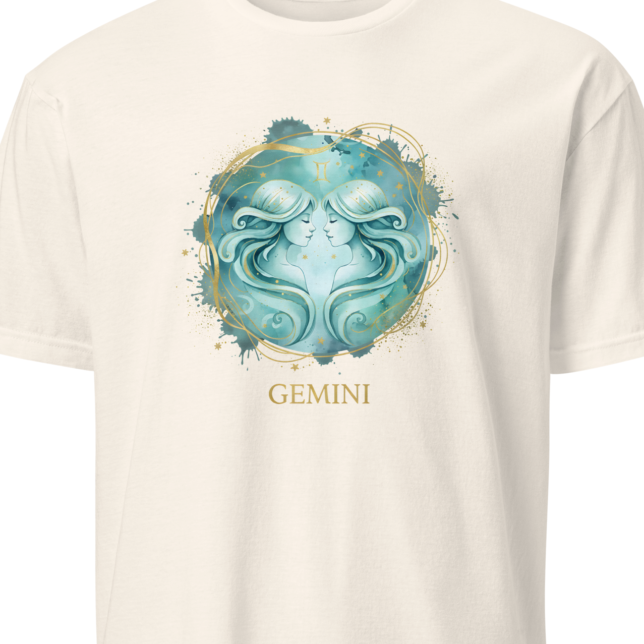 Beige t-shirt with a blue astrological design and 'Gemini' text 