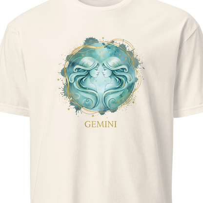 Beige t-shirt with a blue astrological design and 'Gemini' text 