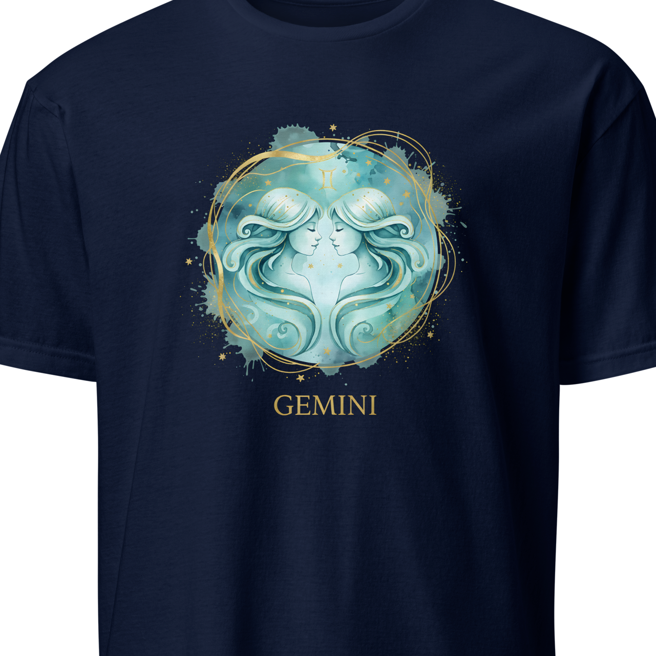 Navy blue t-shirt with 'Gemini' zodiac design