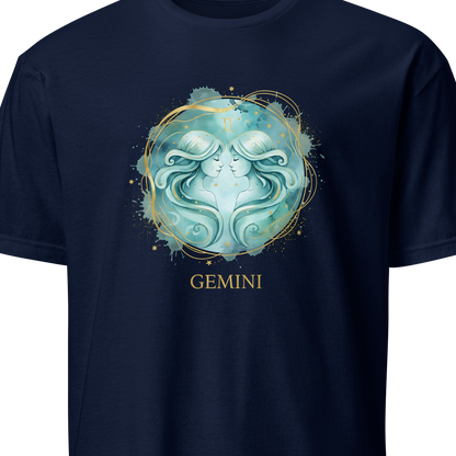 Navy blue t-shirt with 'Gemini' zodiac design