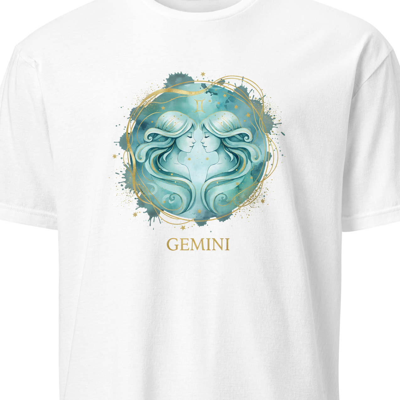 White t-shirt with a 'Gemini' design featuring two faces on a white background