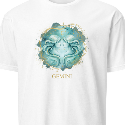 White t-shirt with a 'Gemini' design featuring two faces on a white background
