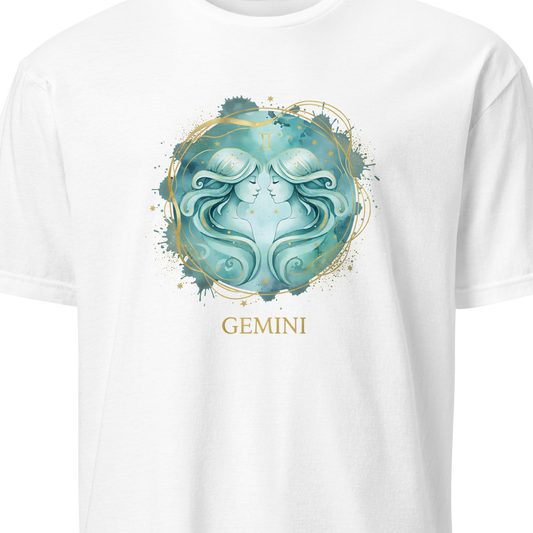 White t-shirt with a 'Gemini' design featuring two faces on a white background