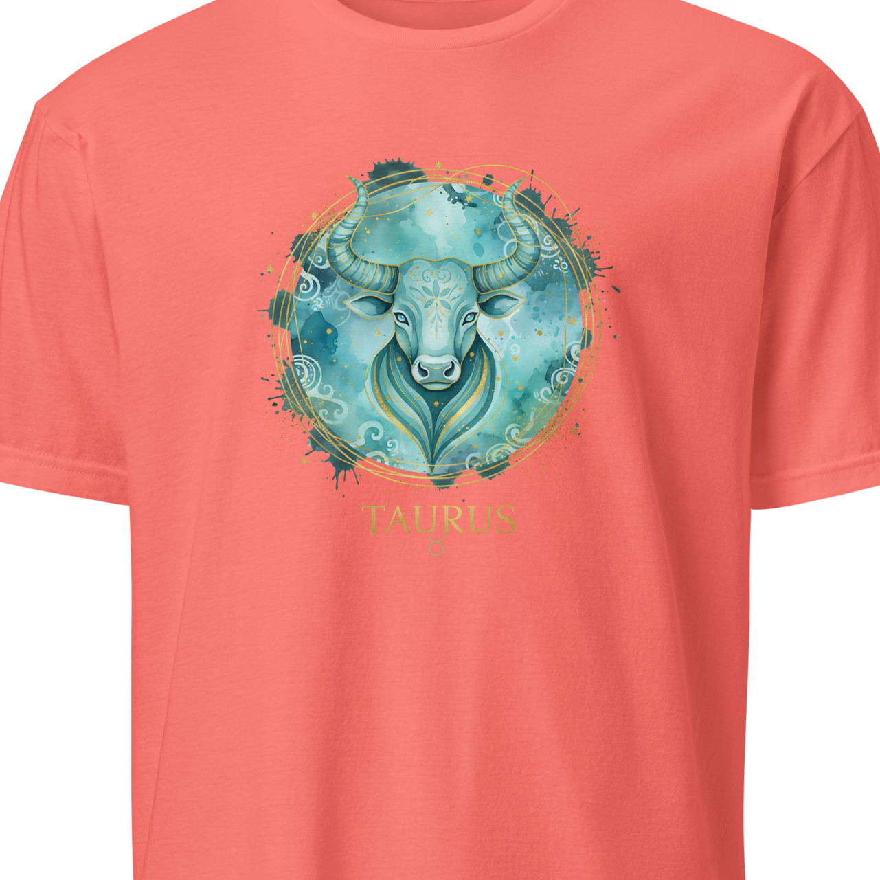 Coral t-shirt with a teal bull graphic and 'Nature' text 