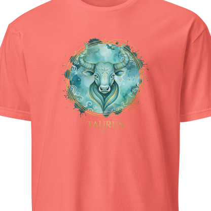 Coral t-shirt with a teal bull graphic and 'Nature' text 
