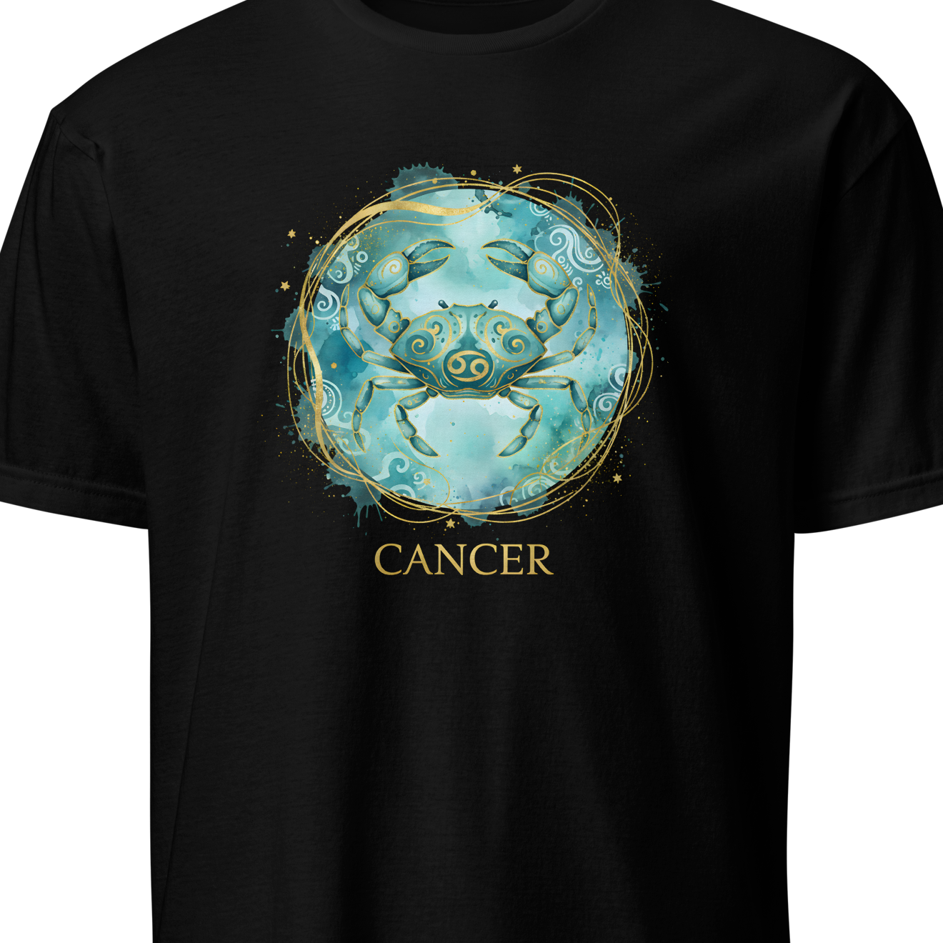 Black t-shirt with Cancer zodiac sign design on a white background