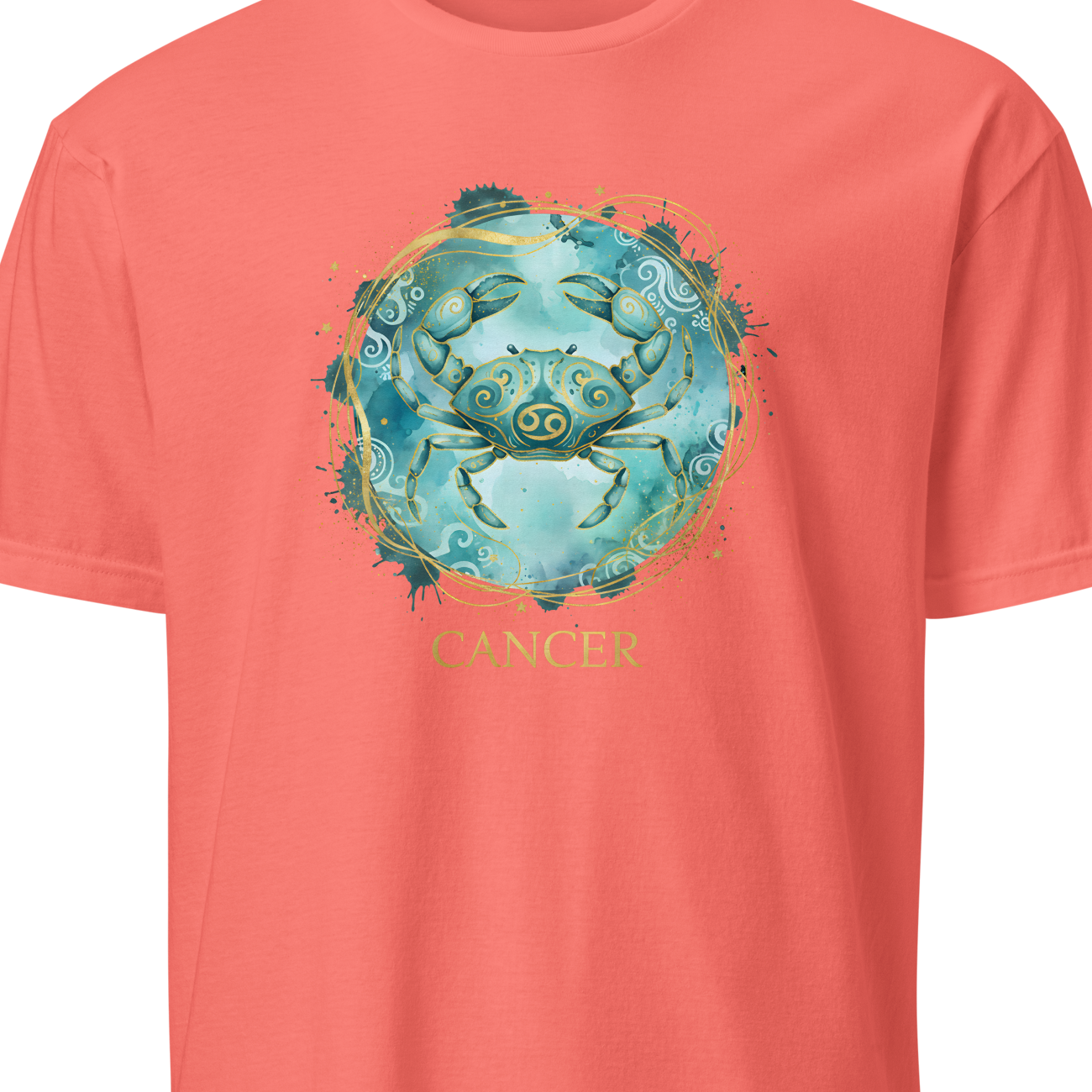 Coral t-shirt with a blue crab graphic and 'Cancer' text on a white background