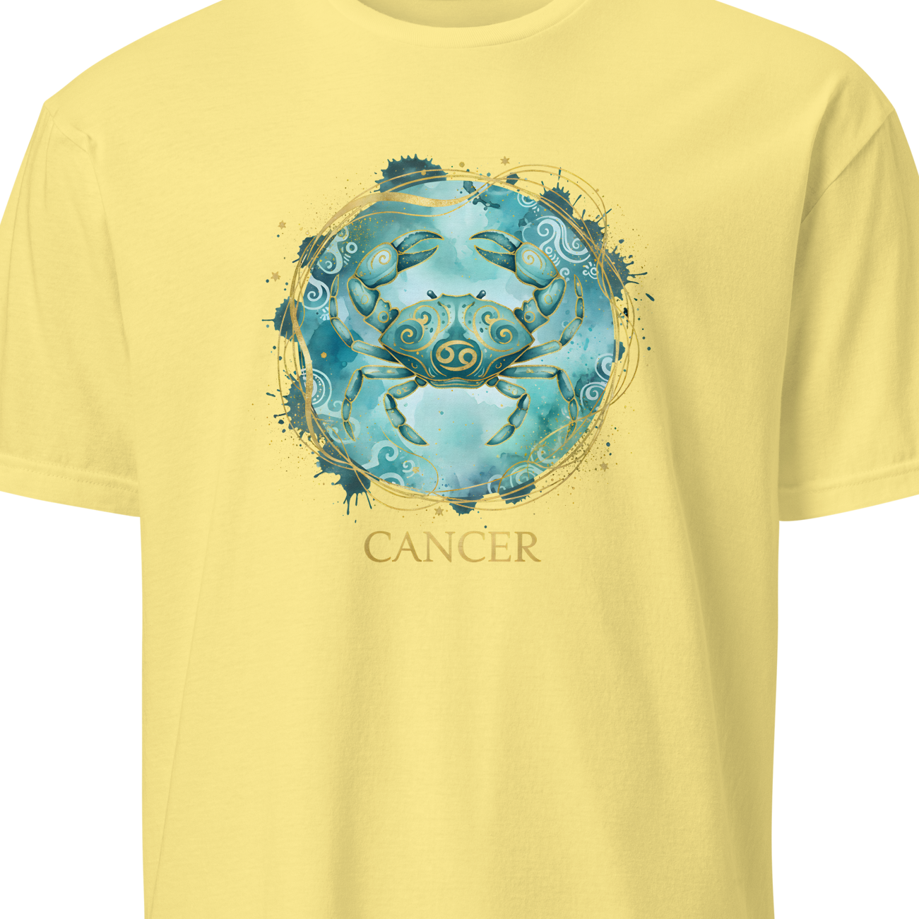 Yellow t-shirt with a blue crab design and 'Cancer' text on a white background