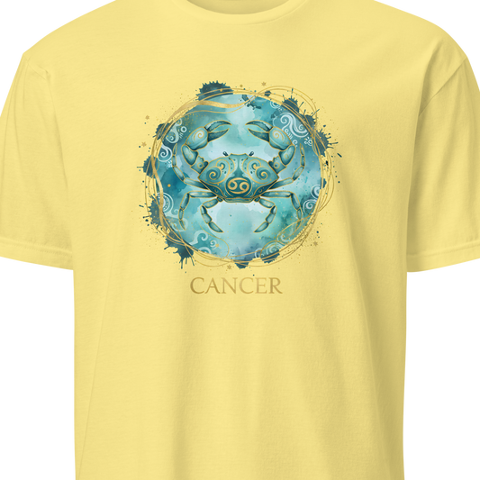 Yellow t-shirt with a blue crab design and 'Cancer' text on a white background