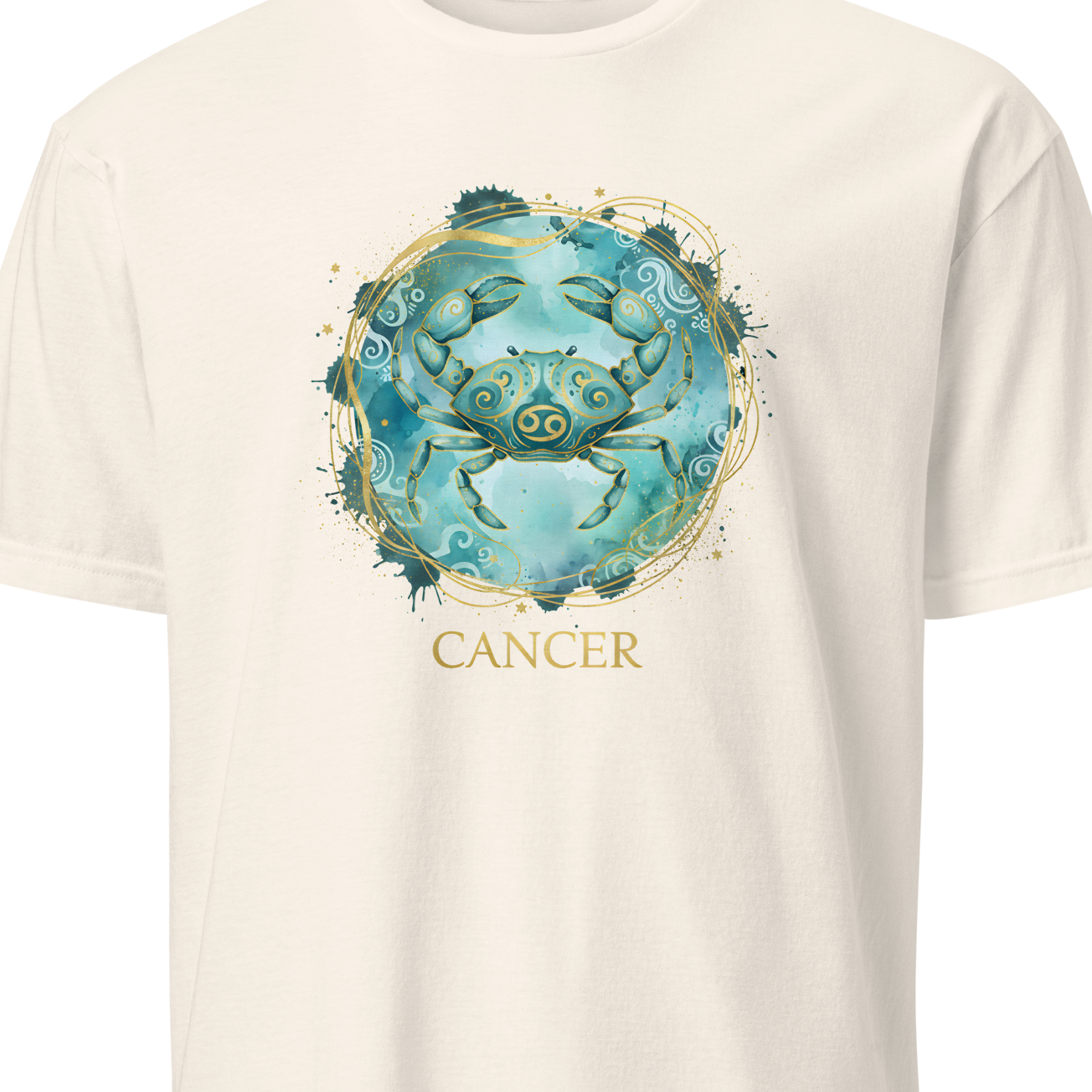 T-shirt with a blue crab design and 'Cancer' text on a white background