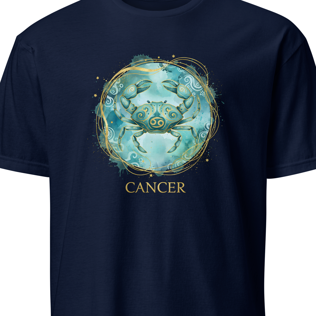 Navy blue t-shirt with Cancer zodiac sign design on a white background