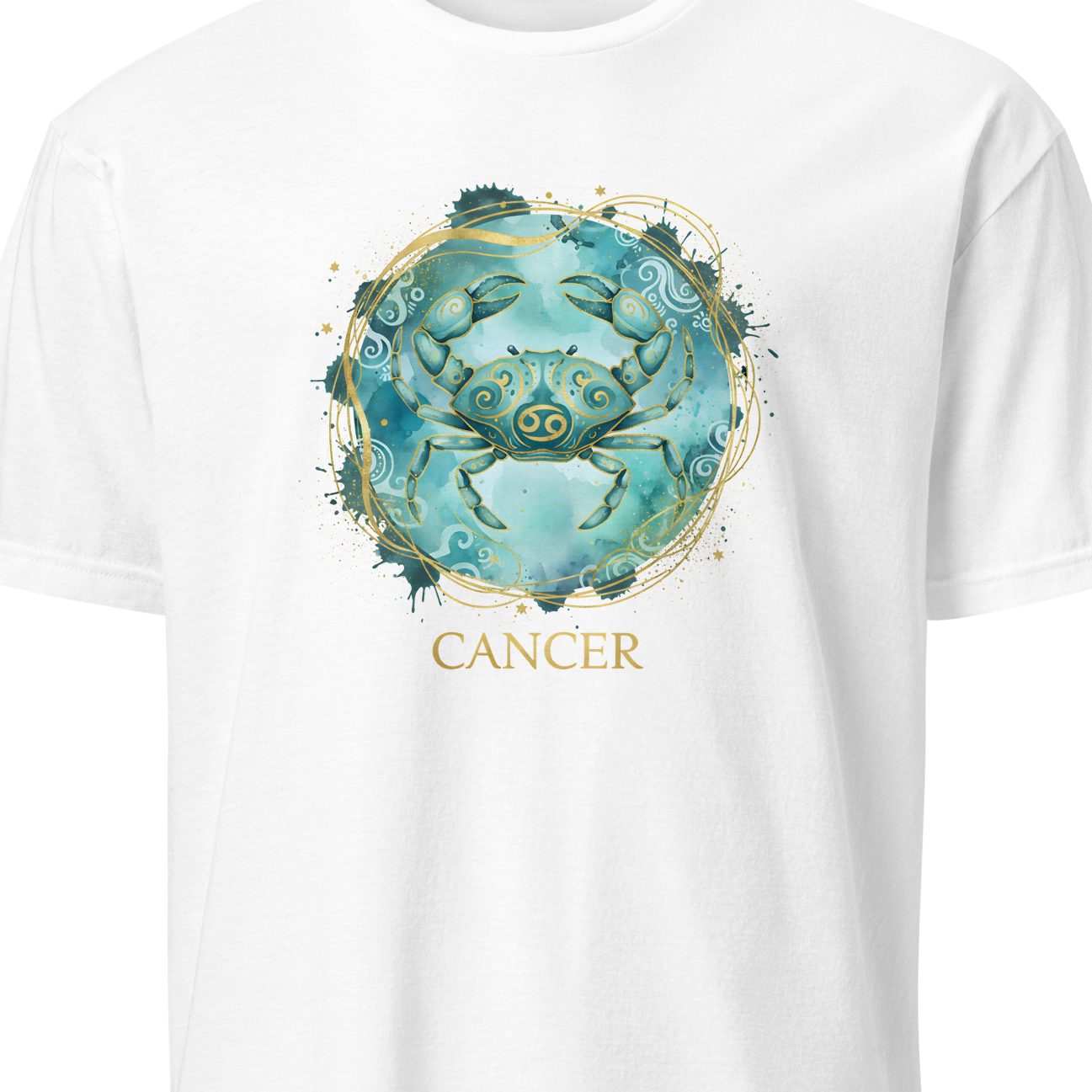 White t-shirt with a blue crab design and 'Cancer' text on a white background