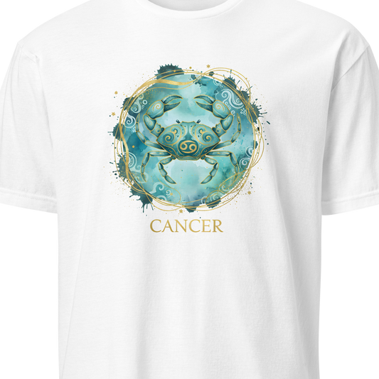 White t-shirt with a blue crab design and 'Cancer' text on a white background