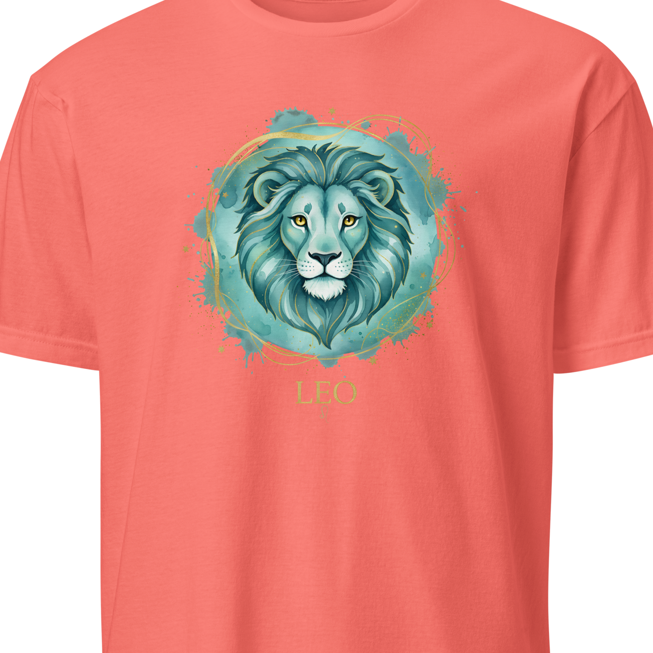 Coral t-shirt with a teal lion graphic and 'Leo' text on a white background