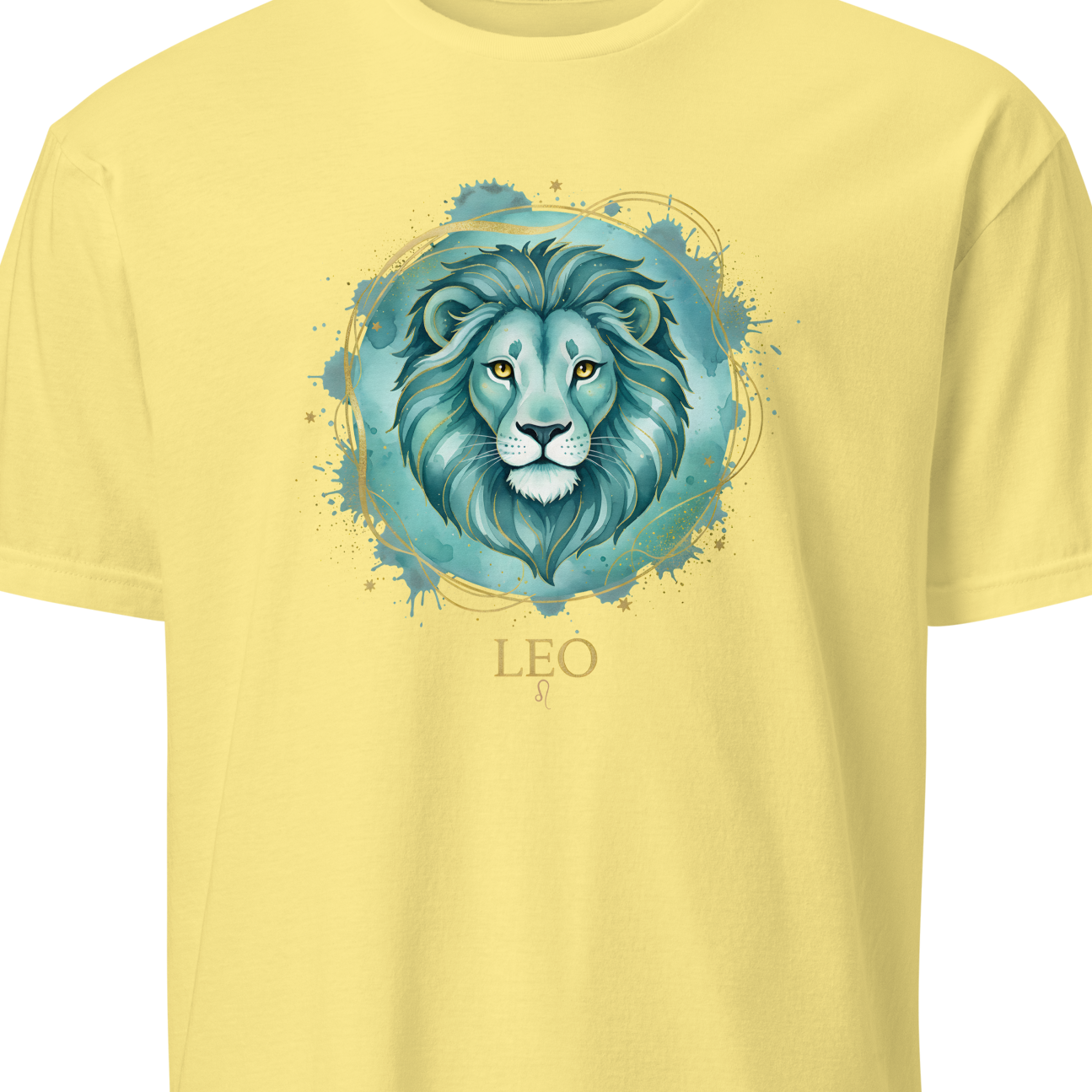Yellow t-shirt with a blue lion graphic and 'LEO' text on a white background