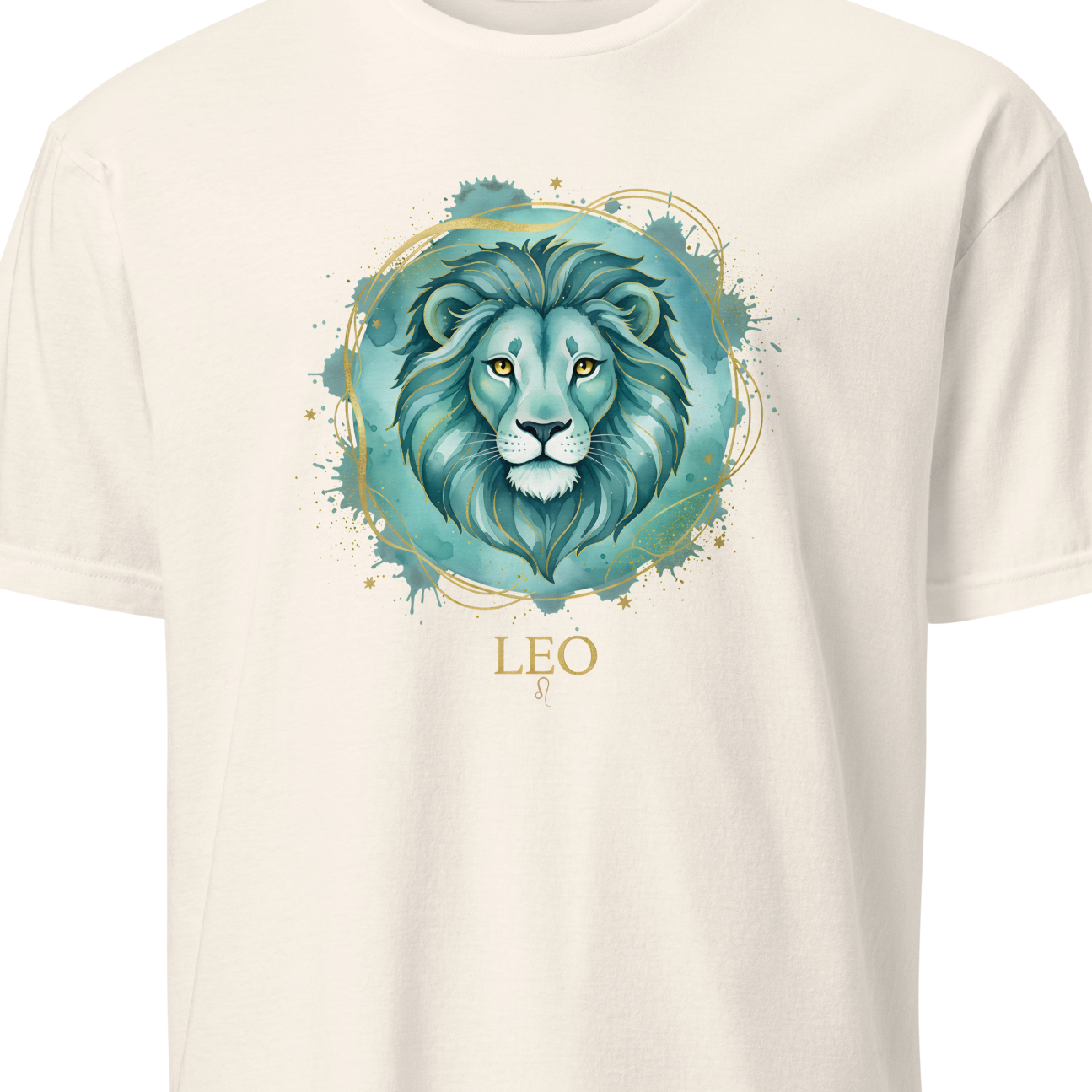 White t-shirt with a teal lion graphic and 'LEO' text on a white background