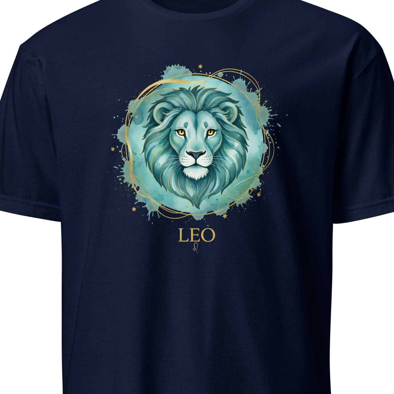 Navy blue t-shirt with a teal lion graphic and 'LEO' text on a white background
