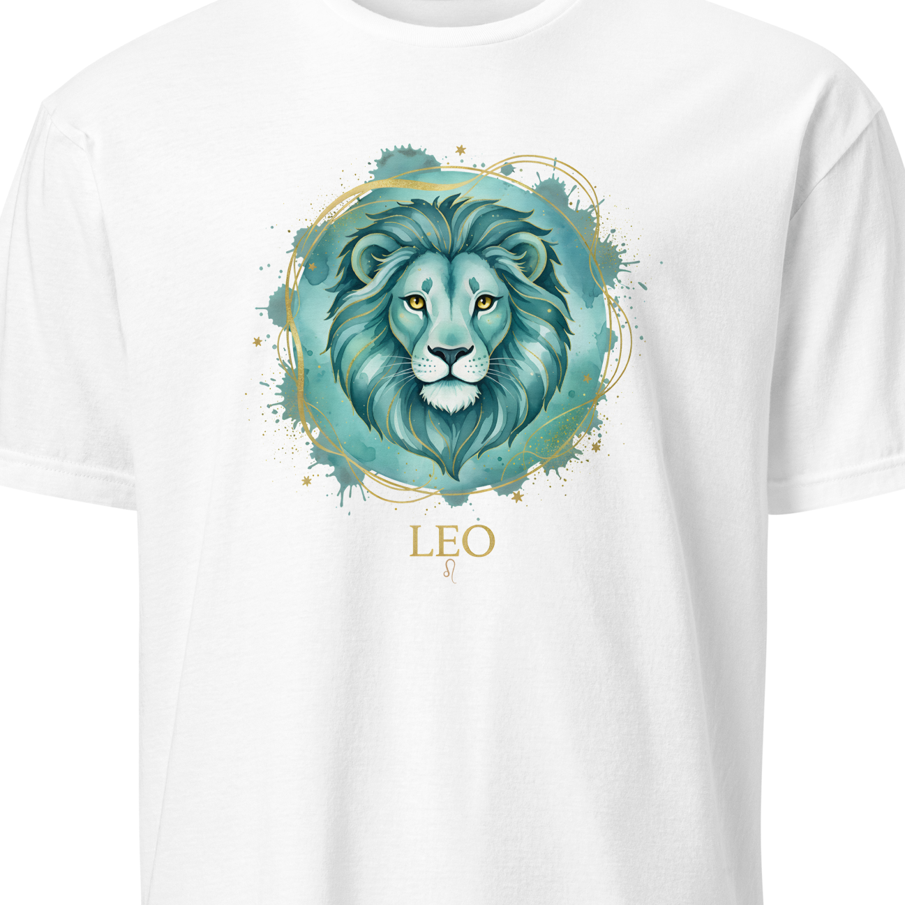White t-shirt with a teal lion graphic and 'LEO' text on a white background